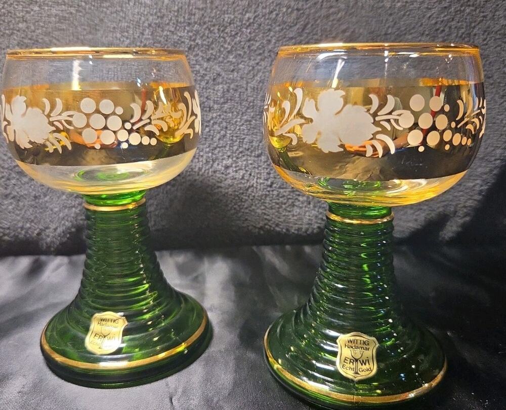 Wittig Hadamar German Römer wine glass green beehive stem clear bowl gold grape